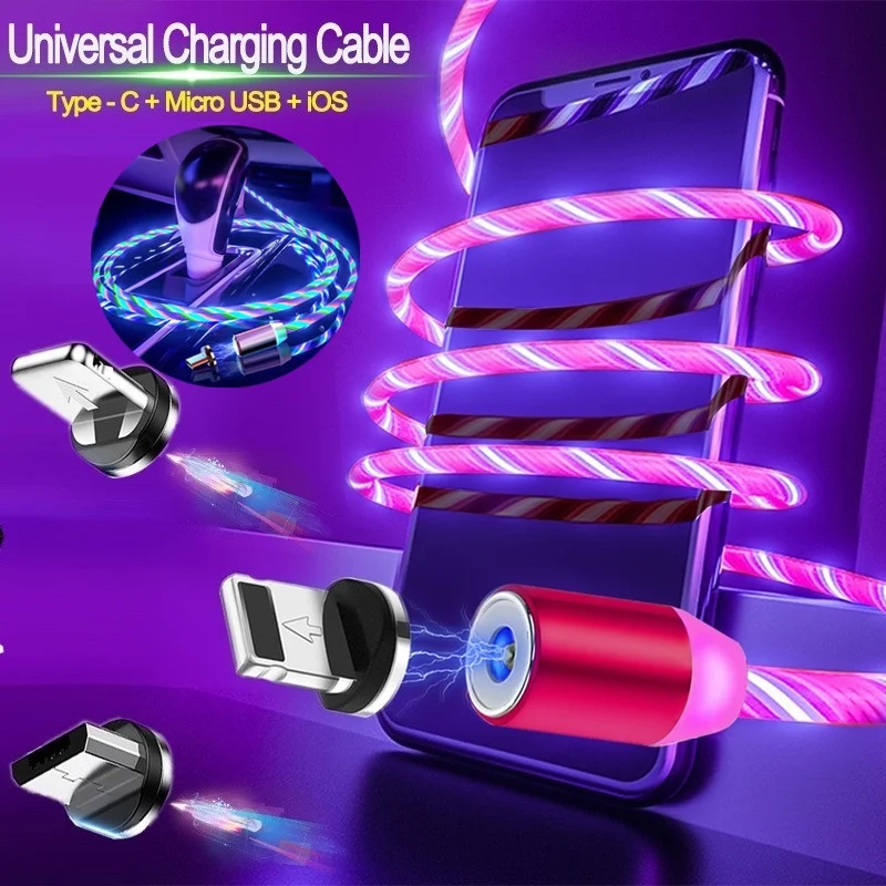 Магнитный зарядный кабель струящийся свет быстрой зарядки микро USB Type C для