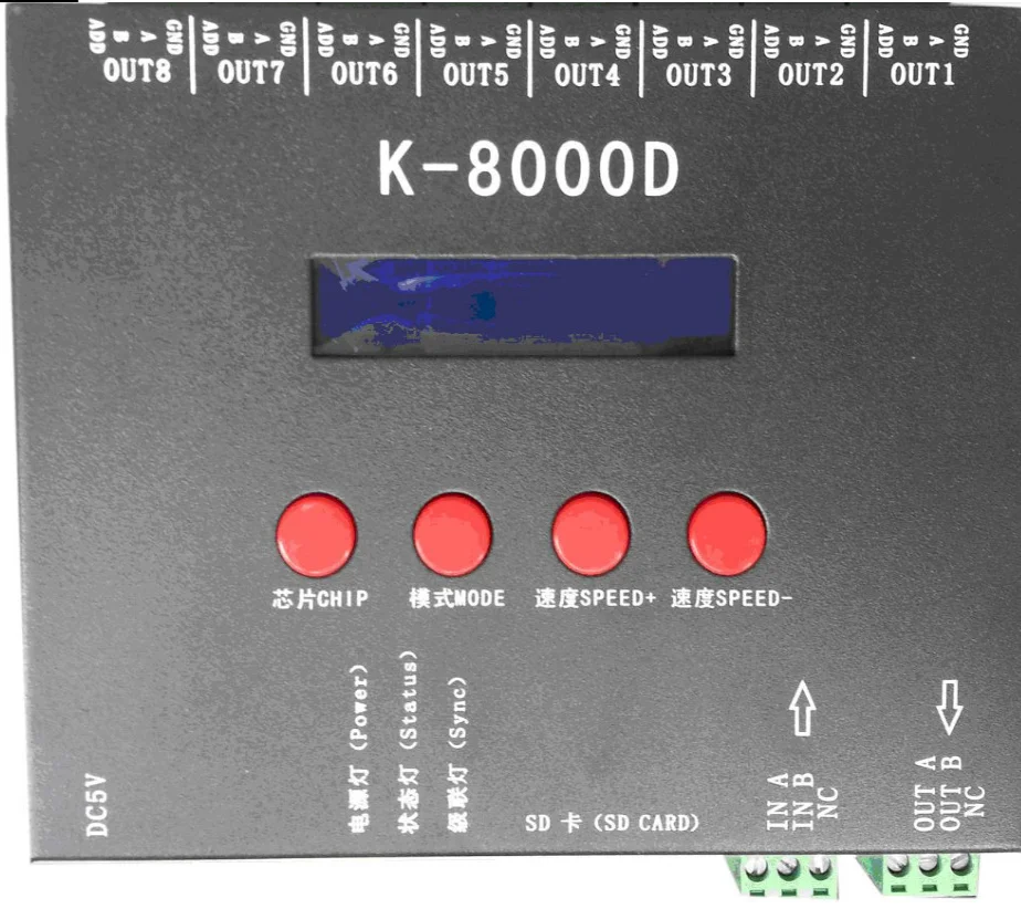 K-8000D;8ports(512pixels*8)DMX SD card pixel controller;support standard dmx512 chip/DMX512AP-N/WS2821A;address writer function