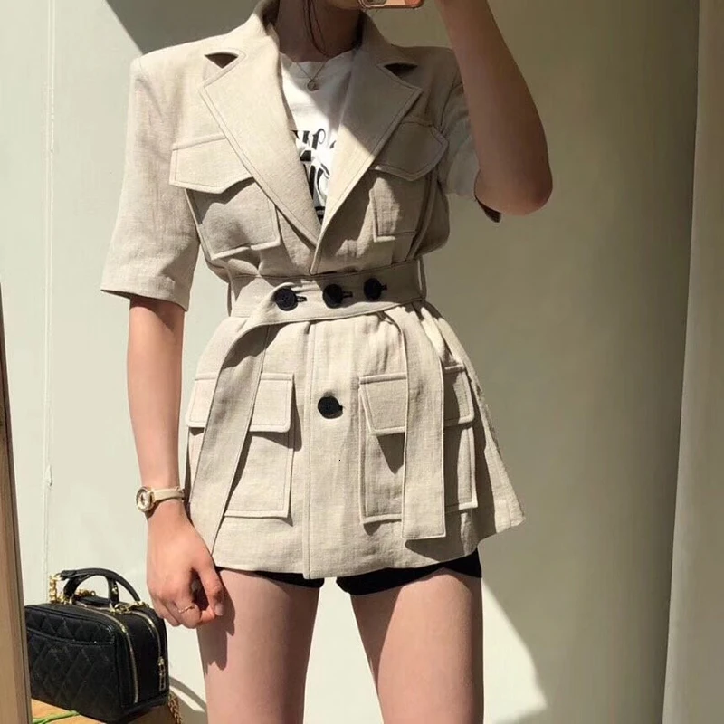 CHICEVER летние корейские тонкие куртки пальто для женщин воротник с лацканами короткий рукав пояса тонкие пальто для женщин модная новая одежда