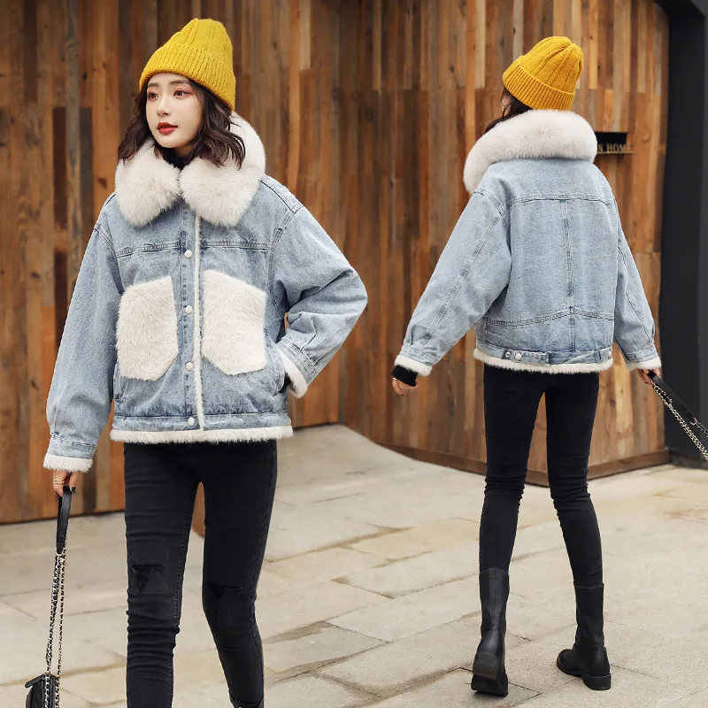 

Online Celebrity Style Lambs Wool Jeans Coat Women's Winter Parka CHIC plus Velvet Fox Large Fur Collar Cotton Coat Cotton-padde