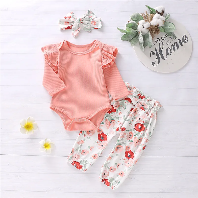Baby girl clothes Infant Baby Girls Ruffles Solid Romper Bodysuit+Floral Pants+Headband Outfits ubranka dla niemowlat #4J25 (1)