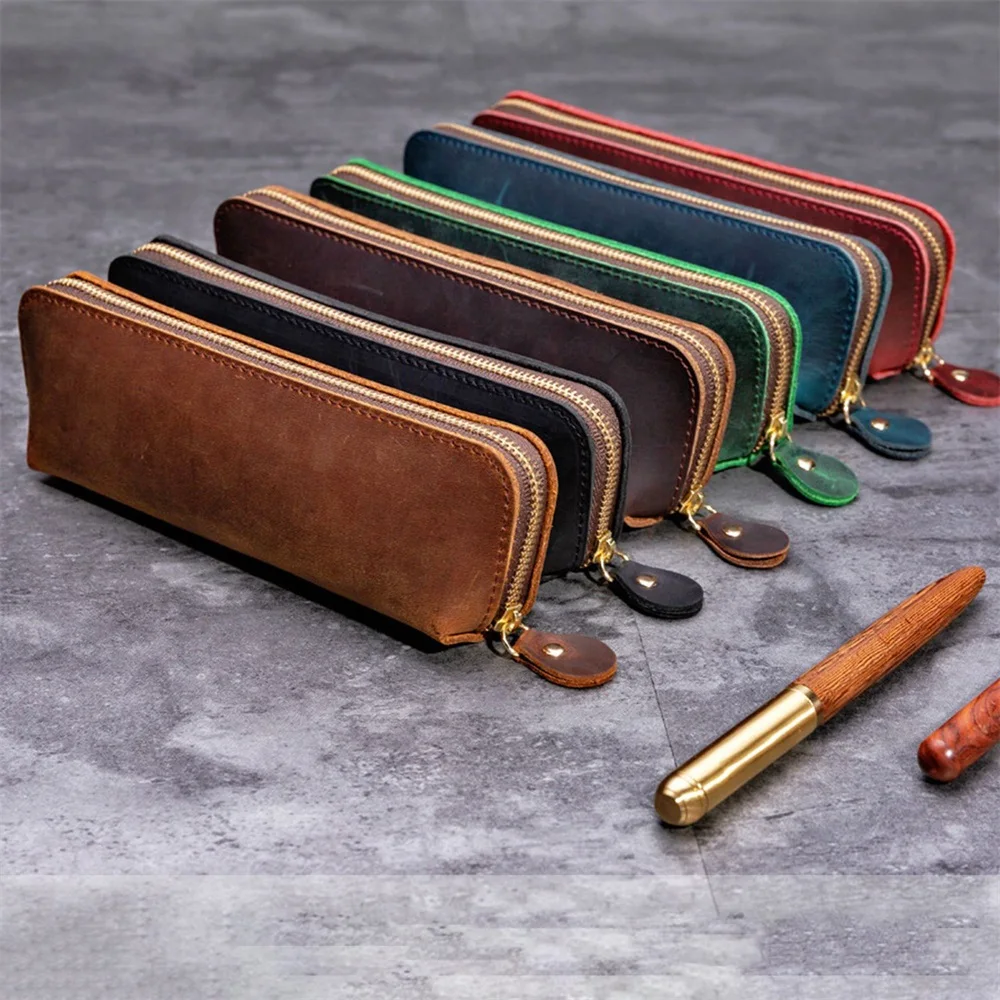 

Leather Retro Pen Storage Bag Handmade Gift Student Zipper Stationery Pencil Case Holder Unisex Portable Concise Style Original