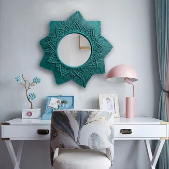 

Bohemian Wall Hanging Decorative Mirrors Macrame Tapestry Vintage Large Round Wall Mirrors For Living Room Decor