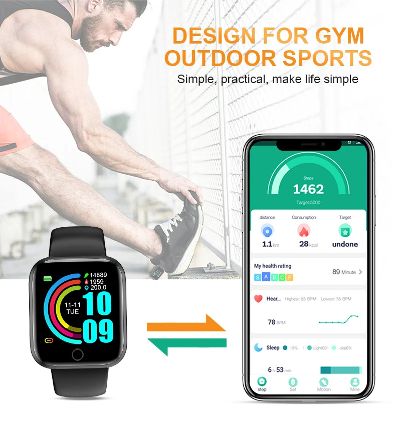 Y68 SmartWatch Digital Smart Sports Bracelet Ladies Watch LED Electronic Watchs Fitness  Tracking Men's Blood Oxygen Monitoring