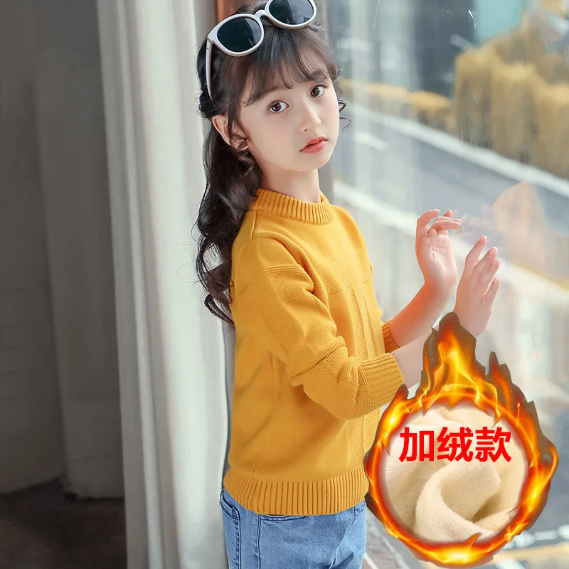 Girls Korean-style Sweater Pullover Autumn And Winter O Neck Crew Neck Big Boy Striped T-Cotton Plus Velvet Thick - Цвет: Yellow Plus Velvet