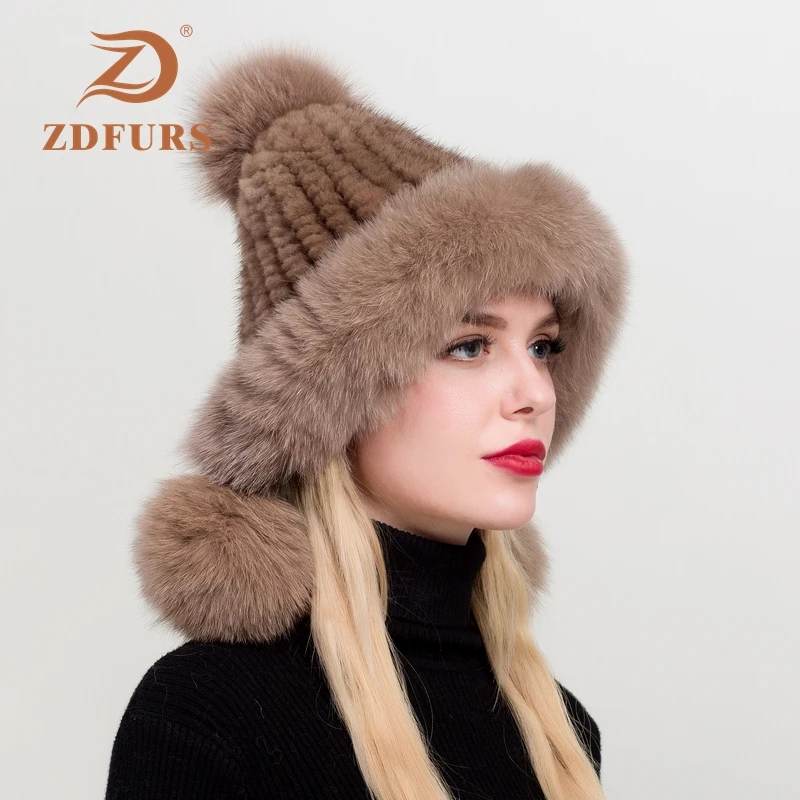 ZDFURS* женская зимняя вязаная норковая меховая шапка с ушками из лисьего меха, помпоны, шапки-ушанки, Русская Шапка-ушанка, Снежная ловушка для катания на лыжах
