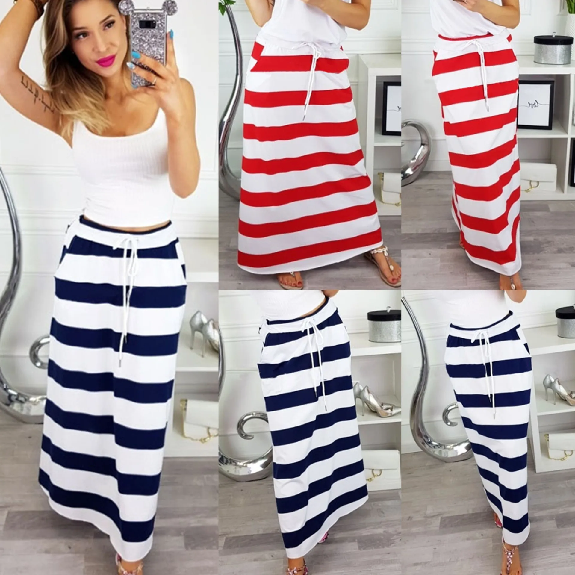 

2018 New Fashion Women Summer Casual Striped Printed Elastic Waist Ankle-Length Skirts Summer Skirts Party Skirts