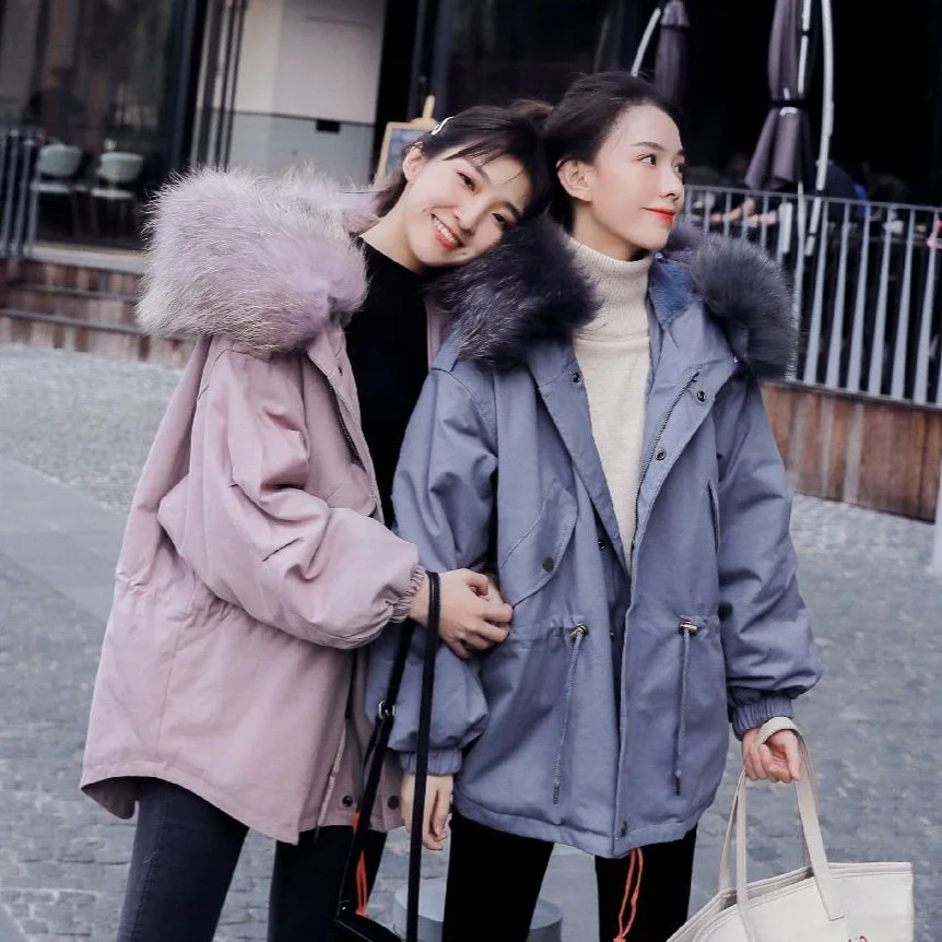 

Photo Shoot in Pale Lilac Mid-length Loose-Fit Drawstring Waist Hugging Hooded Large Fur Collar Thick Best Friend Workwear Cotto