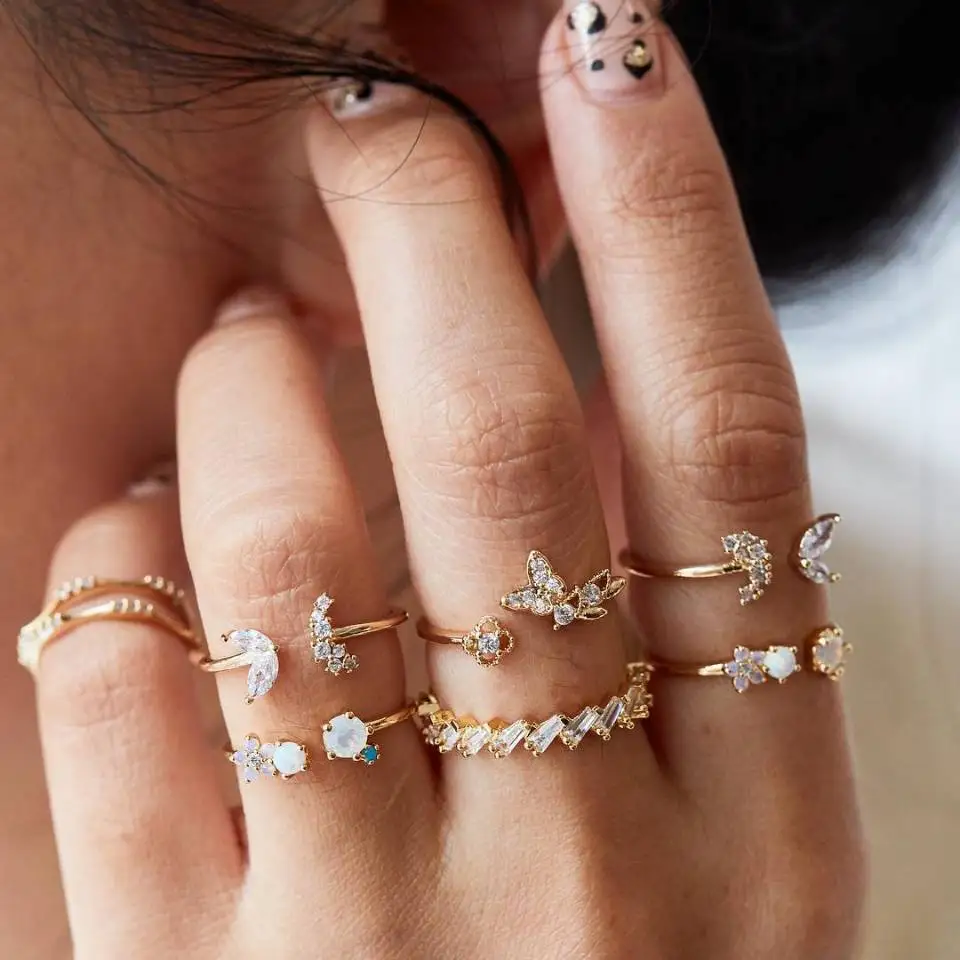 

DIEZI 7pc/set Bohemian Butterfly Flower Knuckle Joint Rings Set For Women Gold Color Crystal Finger Rings Girls Jewelry 2019 New