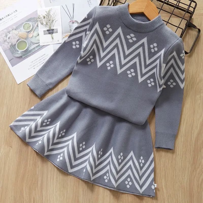 Keelorn/весенние комплекты одежды для девочек коллекция года, Детский свитер в стиле коллажа+ юбка одежда с бантом из 2 предметов модный Детский костюм, комплект одежды - Цвет: AZ638 Grey