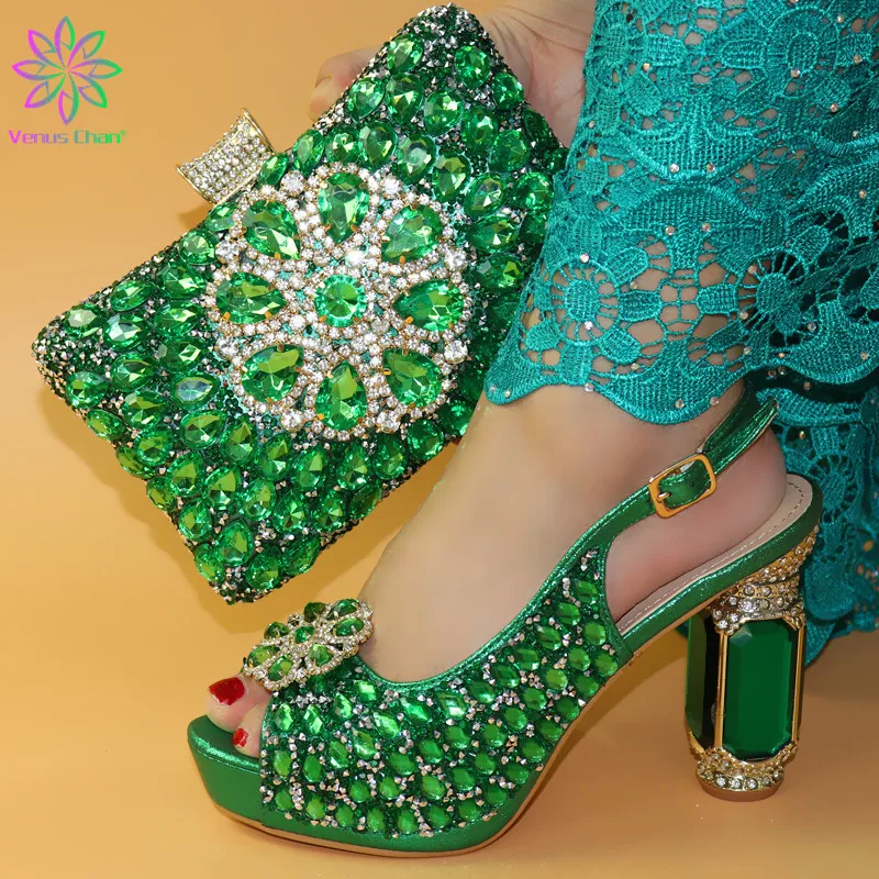 

New Arrival Green Color Matching Women Shoes and Bag Set Decorated with Rhinestone Party Shoes and Bag Set Italy Shoes and Bags