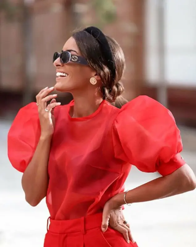 Женская сетчатая Прозрачная Футболка с пышными рукавами сексуальная элегантная