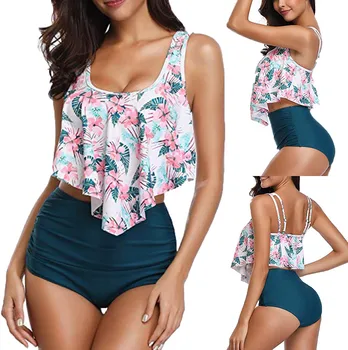 

Women Two Piece Plus Size Sexy costume 2020 femmes Backless Halter Floral Printed Swimwear Set mujer T