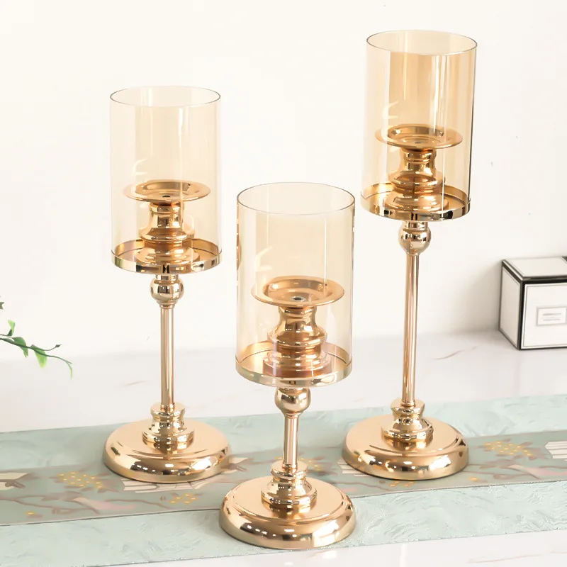 Golden Candle Holder Glass Cover Metal Candle Holder Holder Home Decoration Romantic Candlelight