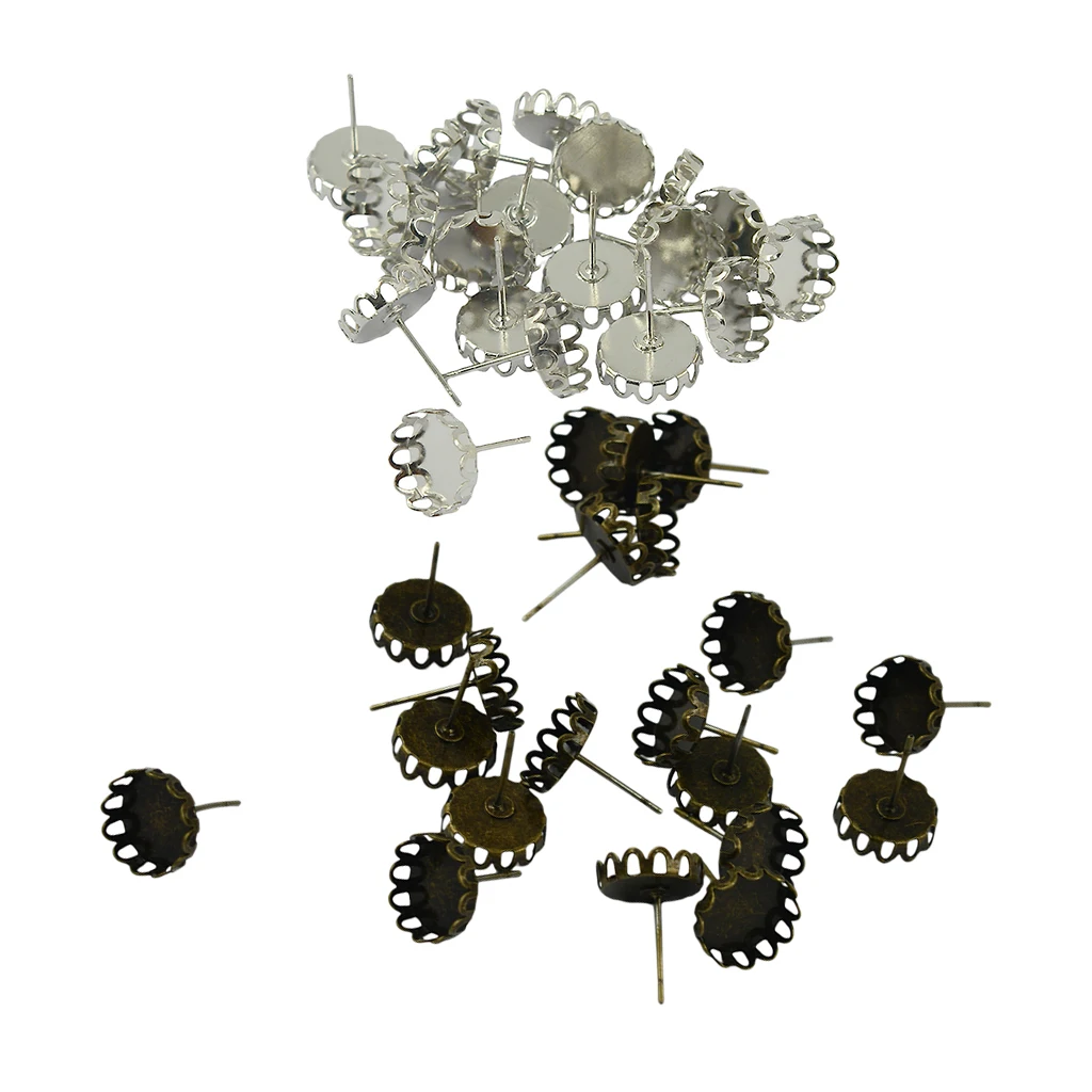 40Pcs 10mm Filigree Cabochon Ear Studs Blank Bezel Setting silver color & Bronze