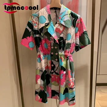 

Tpmaccool luxury French designer women Contrastn flroal Print party dress 2020 Summer New Double-Breasted mini boho dresses S-L
