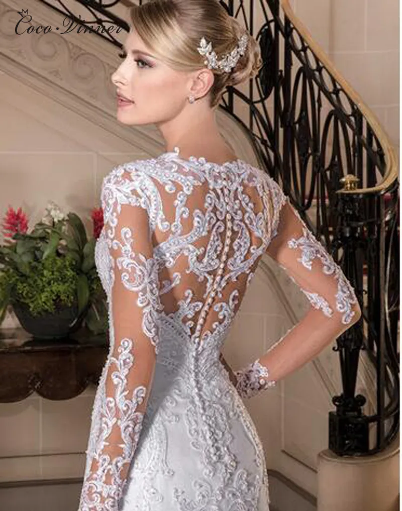 Sexy Illusion Back Long sleeve Lace Mermaid Wedding Dress 2022 Europe New Pearls Beading Appliques White Wedding Dresses W0149 bridal shower dress