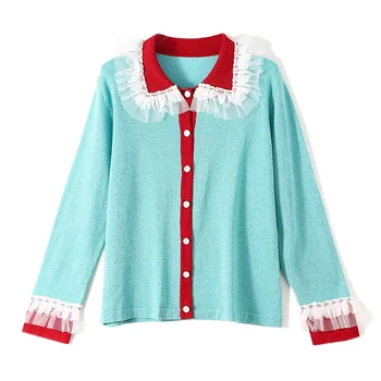 

Mesh Ruffles Tunr Down Collar Knitted Jacket Women Matching Tops Long Sleeve Single Breasted Sweet Sweaters Casual Coats TS1055