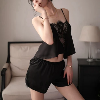 

Lace Pyjama Femme 2 piece Lingerie Tops + Shorts Pyjamas Women Silk Sexy Ladies Sleepwear elegant gown nighty Sleeveless red