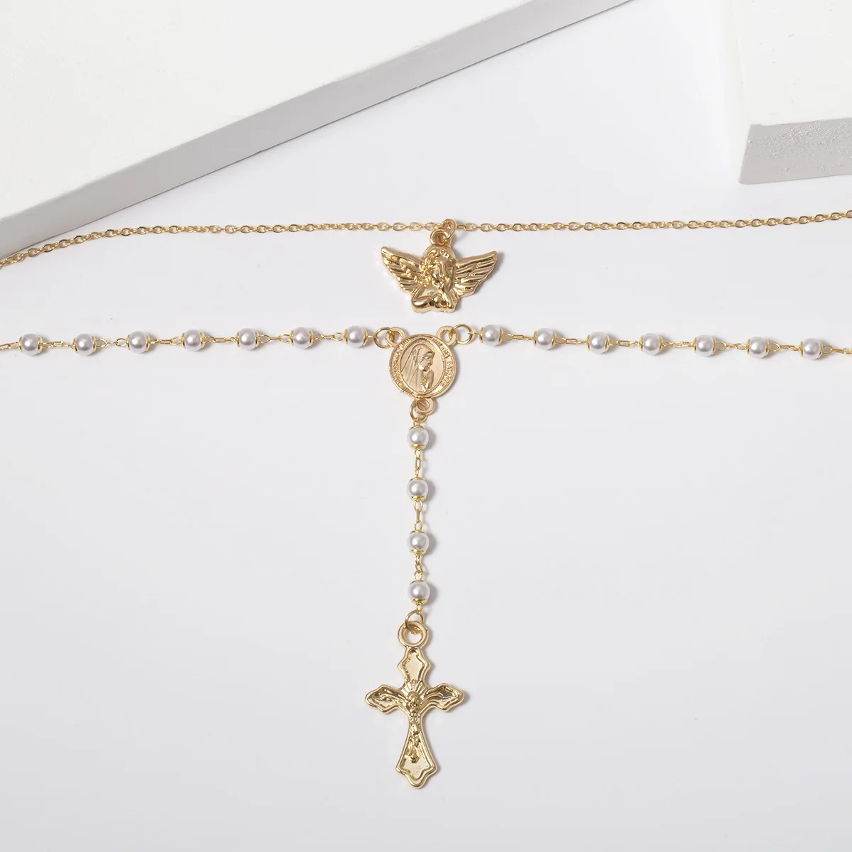 Золото Серебро Длинная кисточка Крест Иисуса четки Девы Марии жемчужное ожерелье женское католическое христианское религиозное ожерелье s