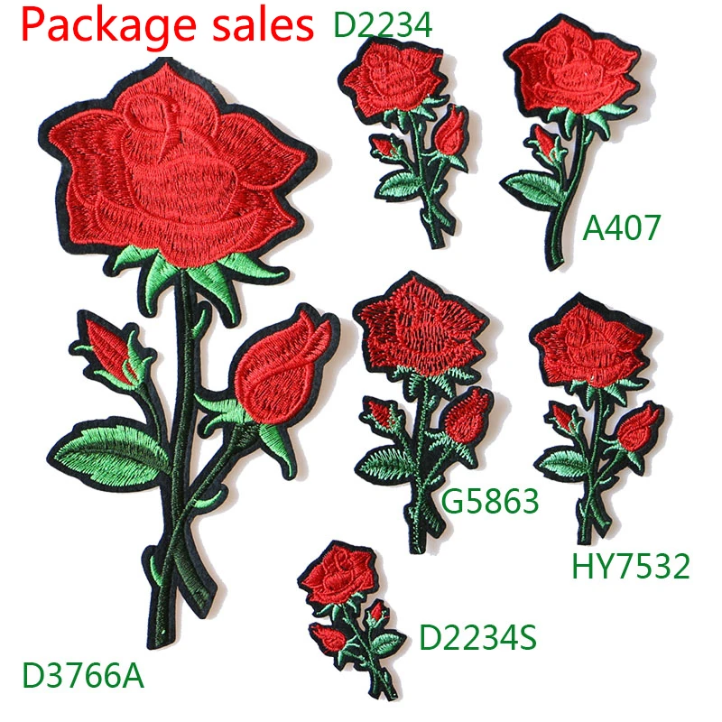 

Rose with Leaves in Love lcon Embroidered Iron on Patch for Clothing DIY Stripes Clothes Patchwork Sticker Custom Flowers Badges
