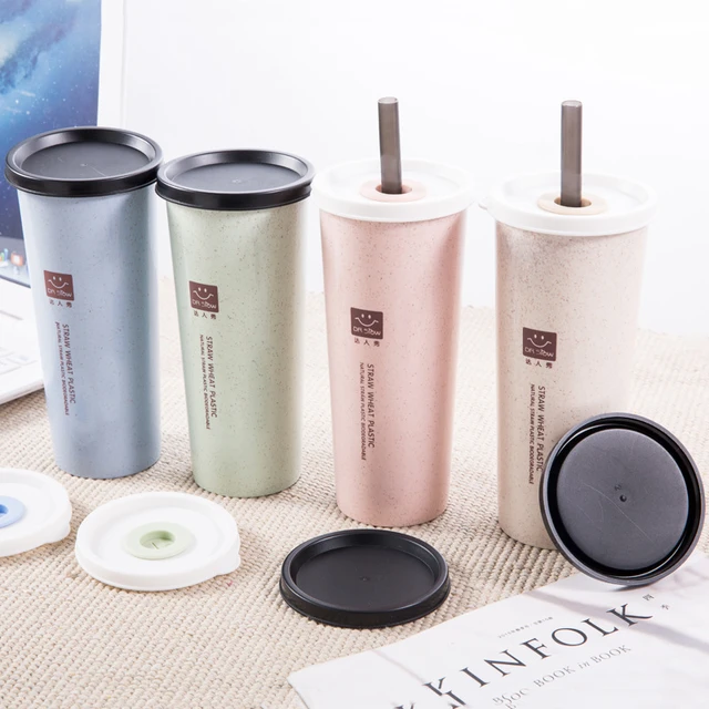 Wheat Straw Cup with Lid Cup Water Bottle Portable Tote Travel Cup Plastic  Drinking Water Cup Coffee Bottle Water Bottle Cup