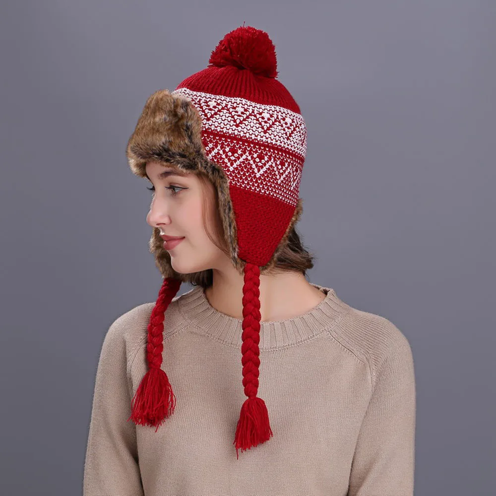 Men Women Warm Winter Knit Beanie Hiphop Cap Hat with Ear Flaps Snow Ski Thick Knit Wool Beanie Cap Hat