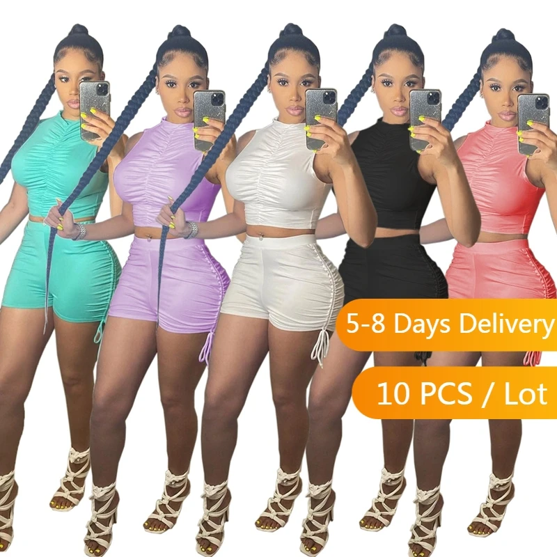 

Wholesale Items Summer Ruched Two Piece Set Women Festival Clothing Sleeveless Crop Top Shorts Set Bandage Bodycon Matching Sets