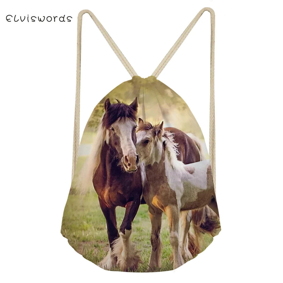 

ELVISWORDS Fashion Women's Travel Drawstring Backpack Flower Horses Printing Pattern Beach Shoes Pockets Girls Mini Organize Bag