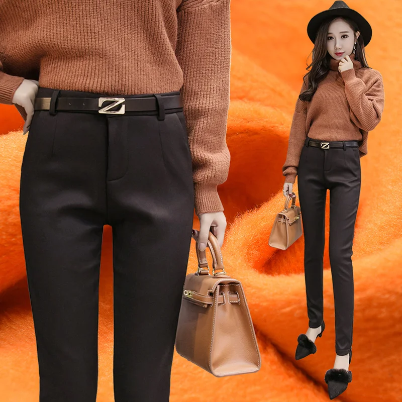 

Winter Women Slim Casual Pants Plus Velvet Work Wear Black Pencil Pants Women Solid Bodycon Trousers Female Clothes
