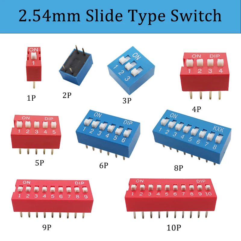 10 Piece 2,54 mm Pitch 10 positions Slide Type DIP Switch Blue