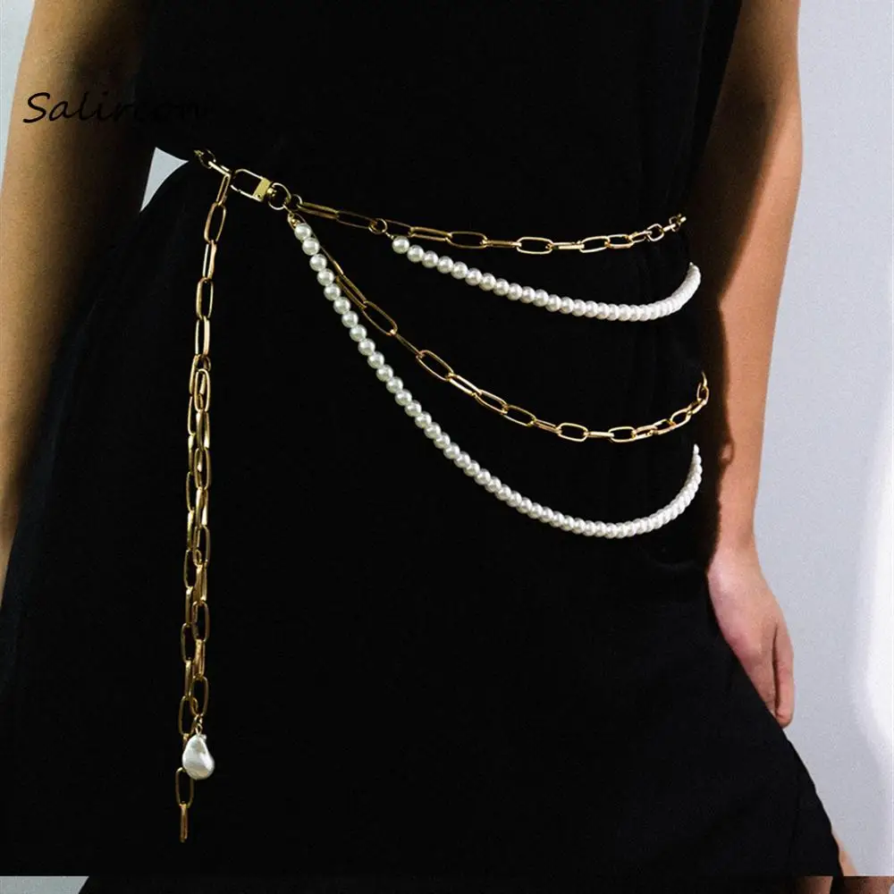 

Salircon Creative Women Waist Chain Silver Gold Color Sexy Multi-layered Charm Imitation Pearl Waist Belt Chain Party Jewelry