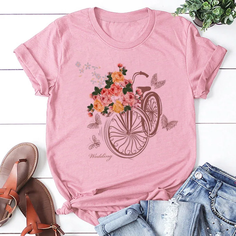 Pink T Shirt Women Beautiful Scenery Bicycle Vogue Casual Tshirt Harajuku Korean Style Graphic Tops Kawaii Short Sleeve T-shirt