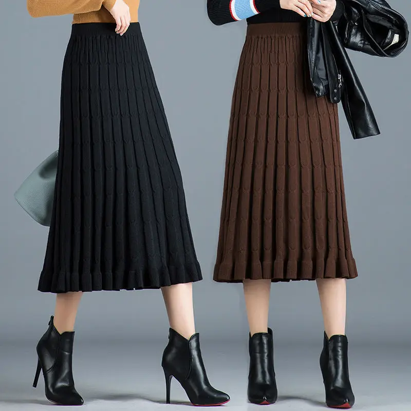 Knitted Pleated Skirt Winter Skirt Women's Autumn Winter Long Large