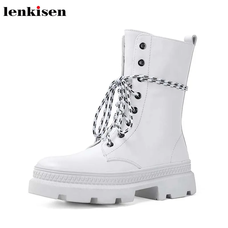 

Lenkisen preppy style genuine leather lace up med heels thick bottom round toe solid keep warm women winter mid-calf boots L5f2