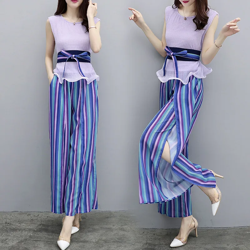 

Ozhouzhan 2019 Summer Wear WOMEN'S Dress New Style Pleat Crimping Tops + Stripes Loose Pants Fashion Set Hot Selling