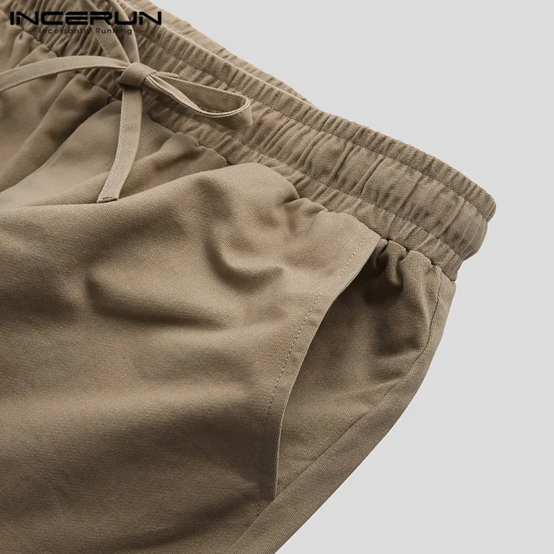INCERUN Men Casual Pants Elastic Waist Solid Cotton Leisure Streetwear Joggers Classic Trousers Men Fashion Long Pants Plus Size