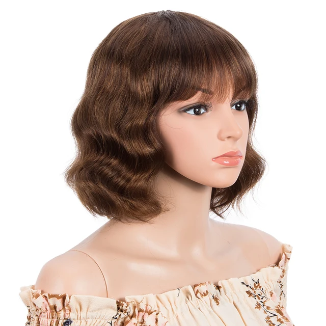 Lekker Short Deep Wave Bob Human Hair Wig With Bangs For Women Colored Brazilian Remy Natural Wavy Ombre Blonde Burgundy Red Wig P4/30