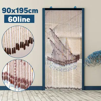 

90x195cm 60 Line Wooden Beads Curtain Sailboat Pattern Gate Divider Fly Screen Beans Blinds For Home Entrance Door Window Decor