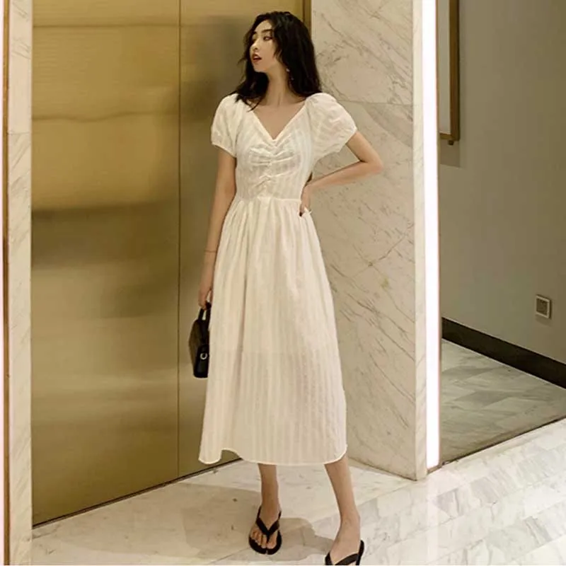 Women Dress One-Piece French Vintage Chiffon Elegant V-Neck Puff Sleeve Dress Korean Fashion Sundress Female Dress Vestidos 2020