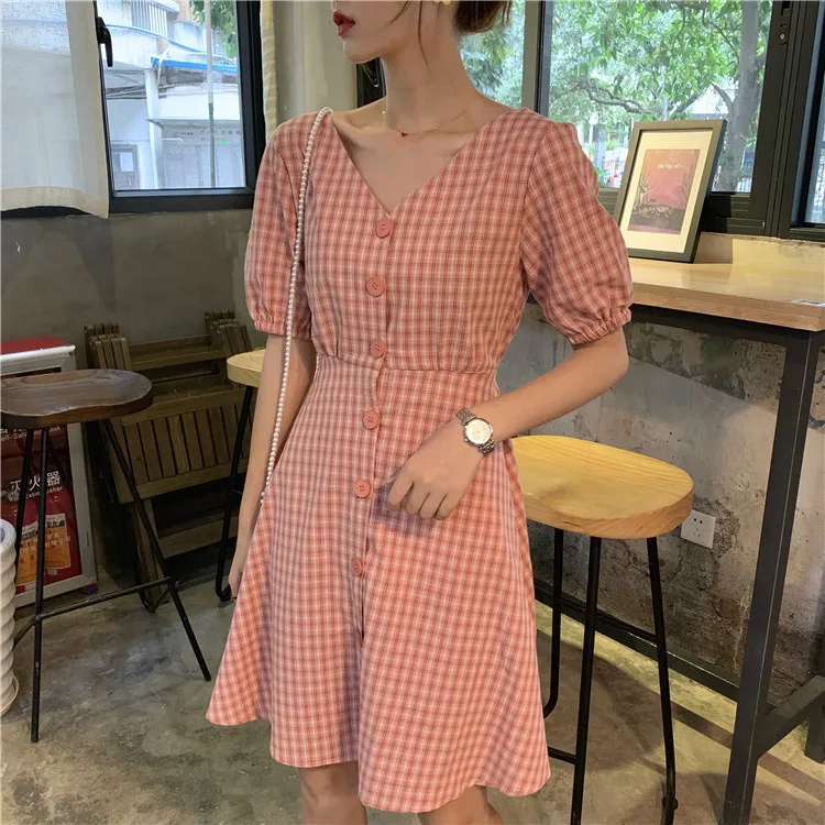 

Photo Shoot 2019 WOMEN'S Dress Summer Single Breasted Elegant Backless Lace-up Waist Hugging Plaid Dress