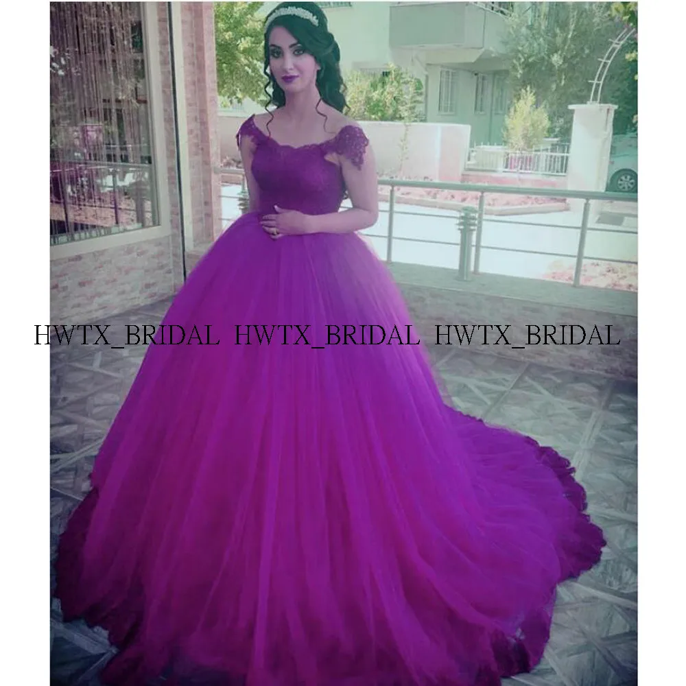 Элегантное красное фатиновое пышное платье кружевное платье с аппликацией и открытыми плечами бордовое длинное бальное платье для выпускного вечера vestidos de 15 anos - Цвет: Фиолетовый