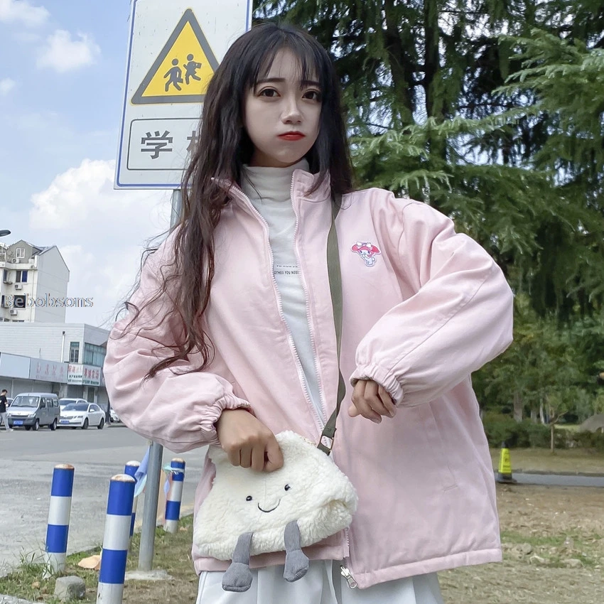 Winter New Preppy Style Rabbit Embroidery Powder Plaid Jacket On Both Sides Wearing Thick Warm Jacket Autumn Women's Cotton Coat