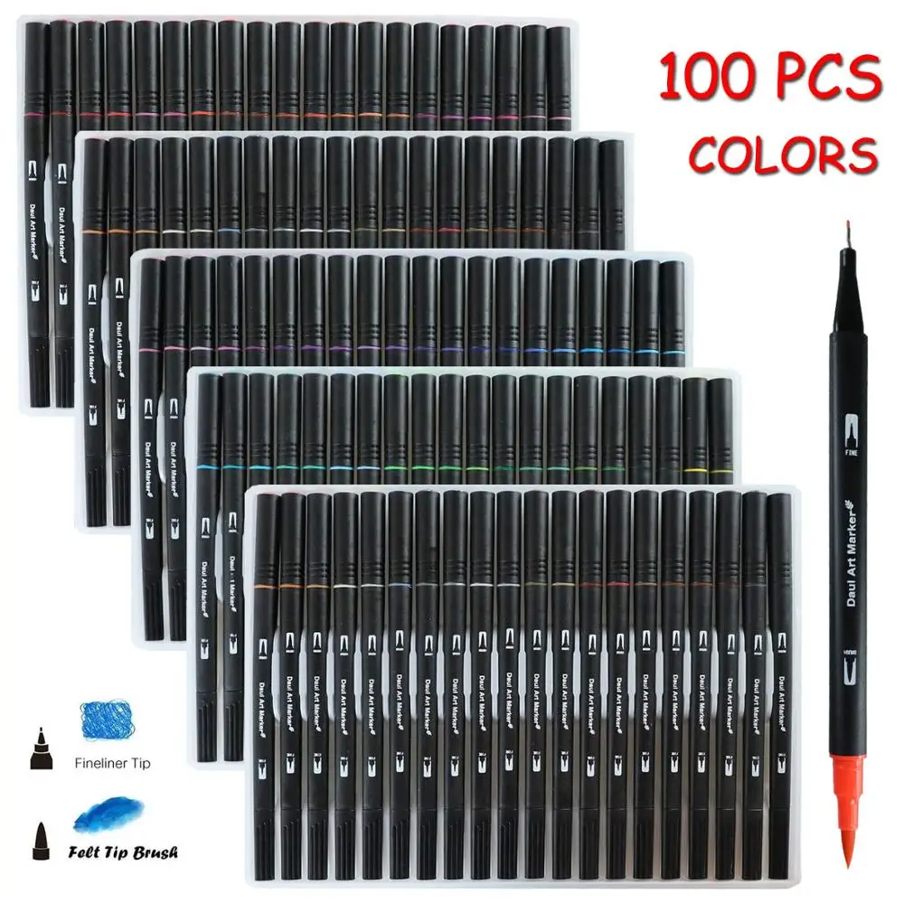 Dual Tips 48/60/72/100 Felt-Tip Pen Art Marker Water Based Ink Soft Fine Brush Pen With PP Package