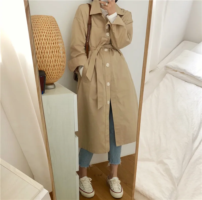 

2020 Spring Thin Coat Trench for Women Brief Solid Color Causal Loose Windbreaker with Belt Rompevientos Mujer