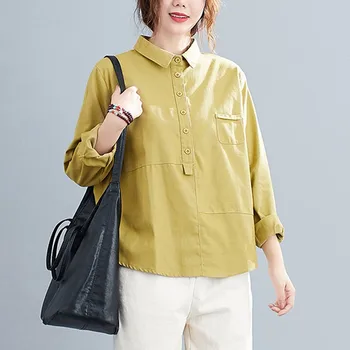 

Plus Size Women Casual Shirts New Arrival 2020 Autumn Korean Simple Style Solid Color Loose Female Long Sleeve Cotton Tops S2428