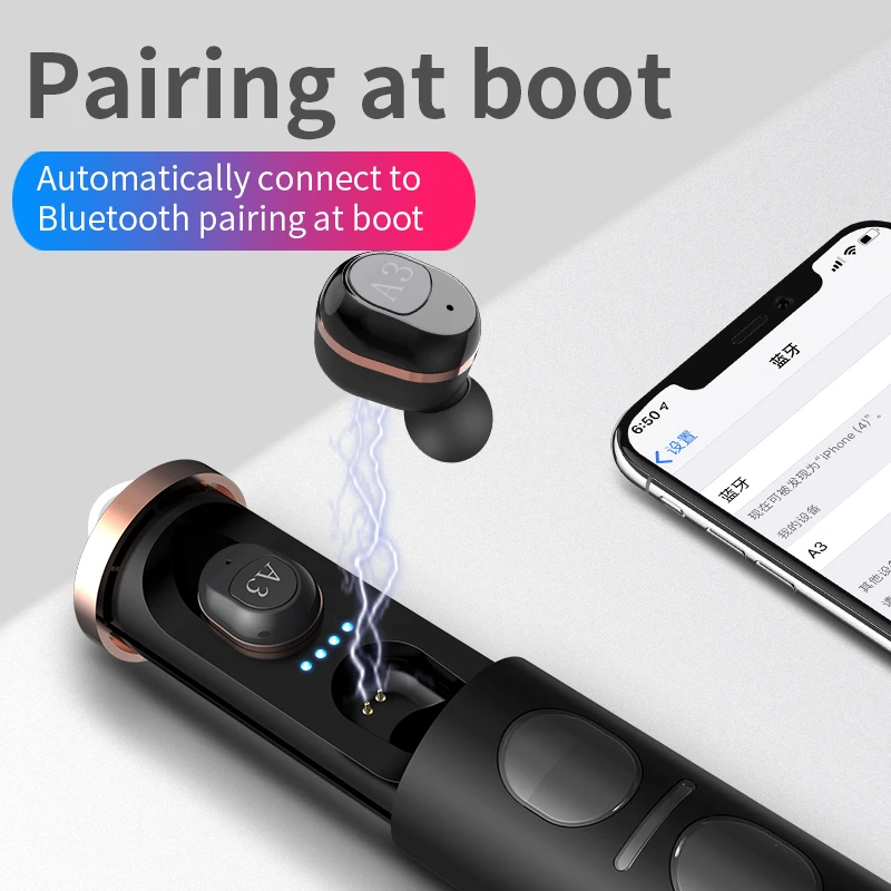 5,0 Bluetooth 6D стерео наушники, беспроводные наушники A3, водонепроницаемые наушники, 300 мАч, зарядная коробка с разъемом питания