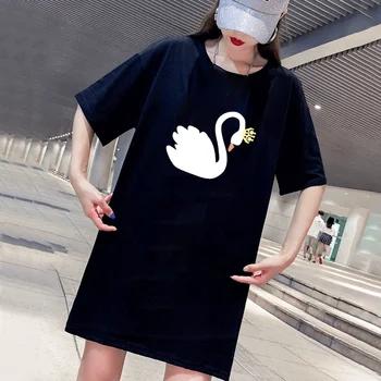 

2020 Summer Women Dress Short Sleeve Cute Swan Print Fashion Casual Loose Mini Dress Black Female Dress Plus Size 4XL Kawaii