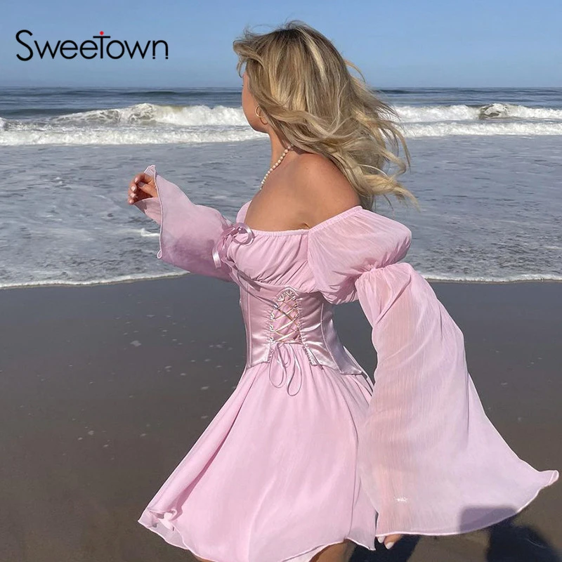 Sweetown ピンクのシフォンコルセットドレス 女性用 フレンチスタイル 長袖 自由奔放に生きるスタイル 女性用 ボートネック エレガントなビーチウェア ドレス Aliexpress Sweetown ピンクのシフォンコルセットドレス 女性用 フレンチスタイル 長袖 自由奔放に生きるスタイル 女性用 ボートネック エレガントなビーチウェア ドレス Aliexpress