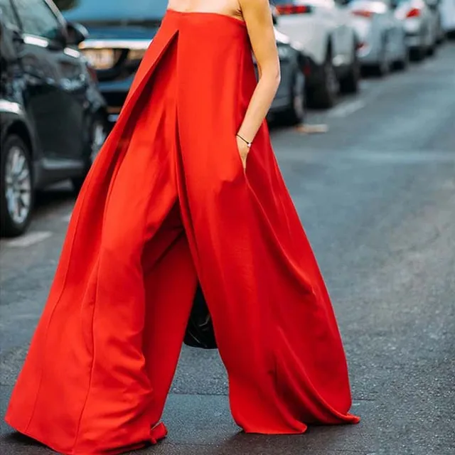 red strapless jumpsuit